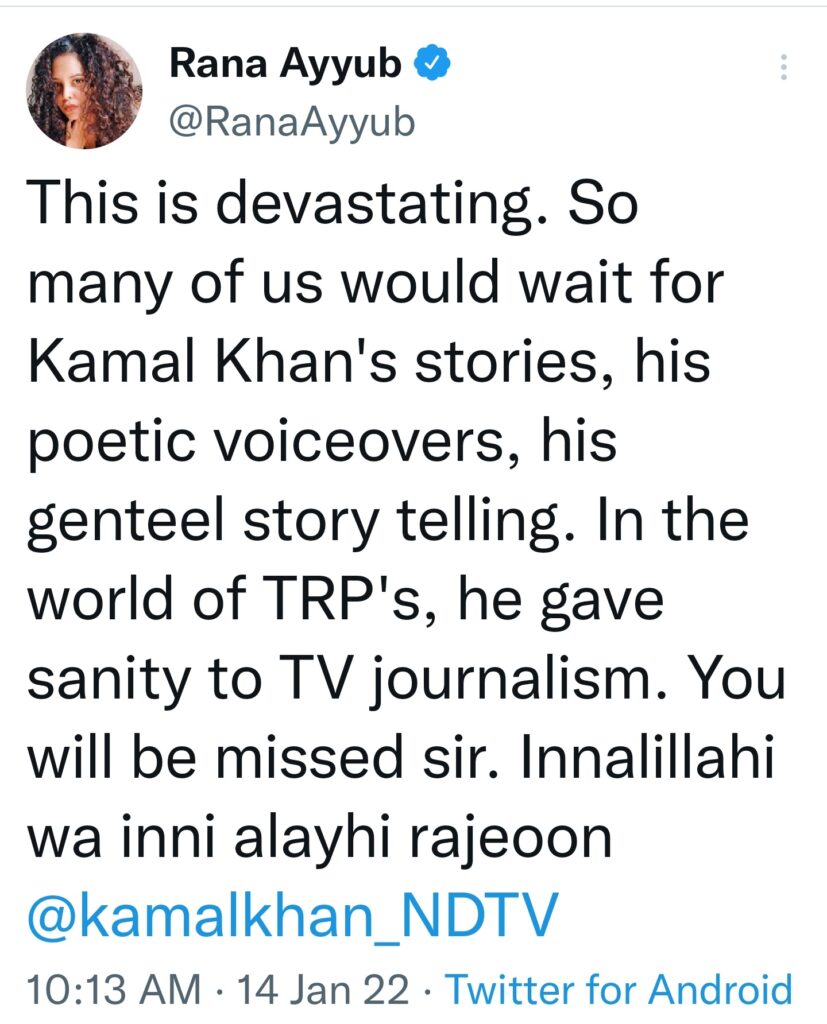 Image of kamaal khan ndtv tweet from rana ayuub