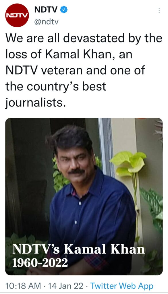 Image of tweet from NDTVon the death of Kamal Khan